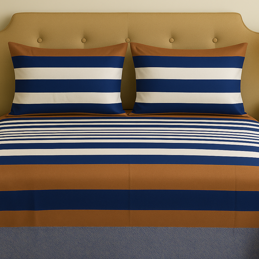Striped bedspread with blue and white stripes on a beige bedhead.