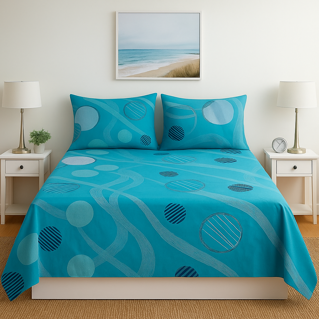 Turquoise bedspread with circular patterns on a bed in a bedroom setting.