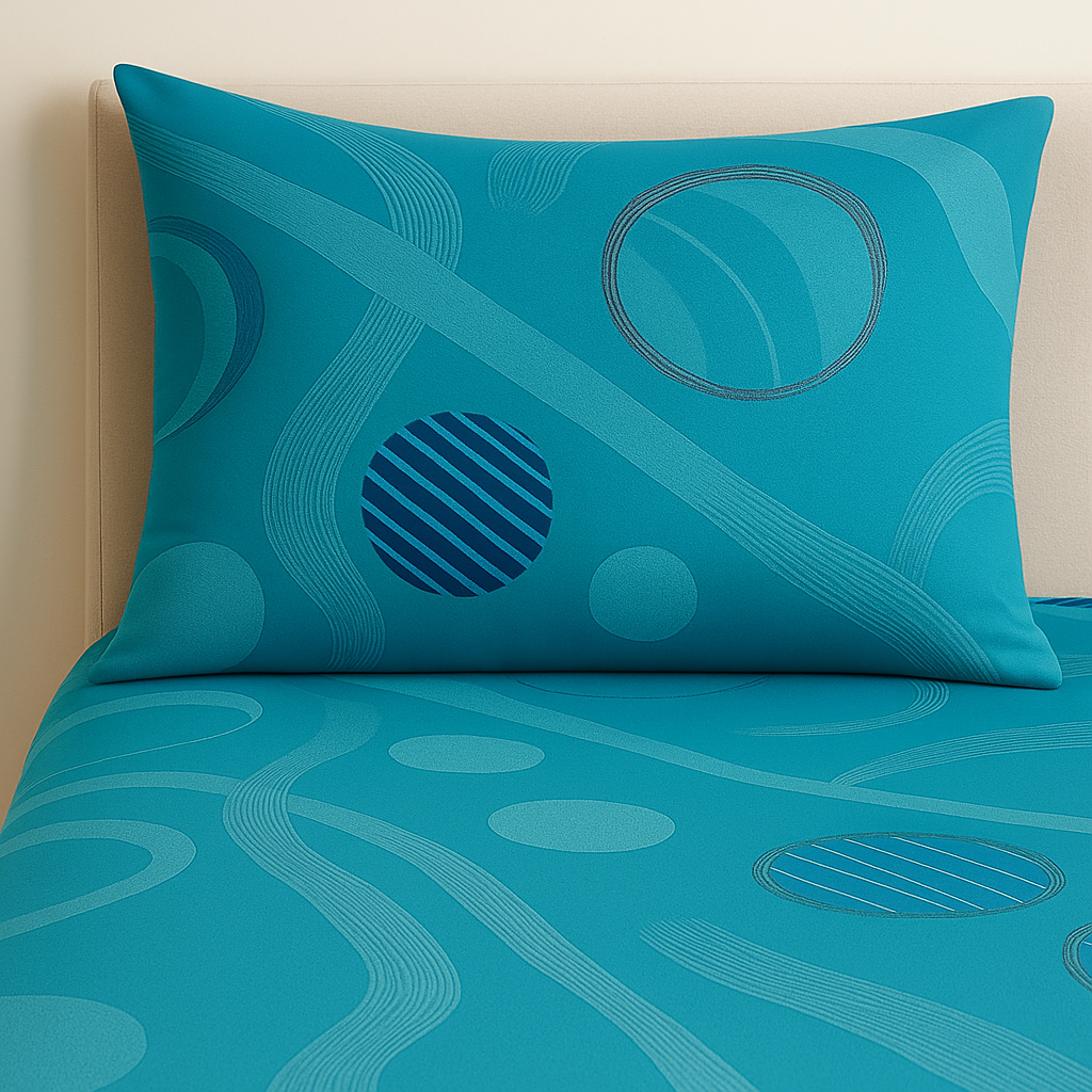 Teal bed sheet set with circular patterns on a beige background