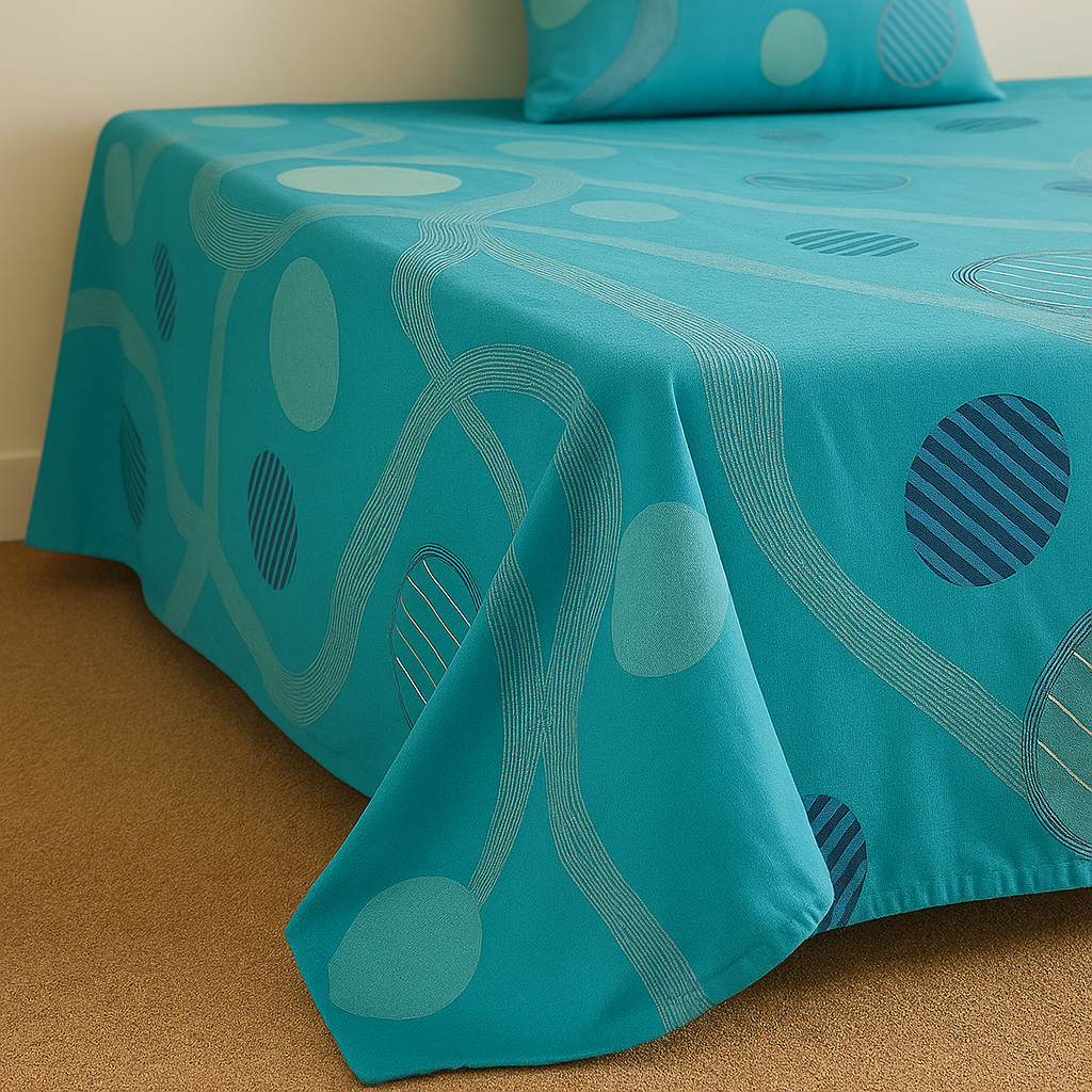 Turquoise bedspread with geometric pattern on a bed in a room.