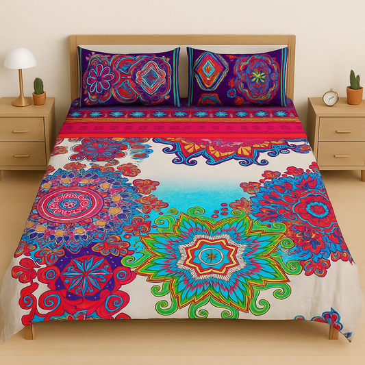 Colorful floral and mandala patterned bedspread on a bed with matching pillows.