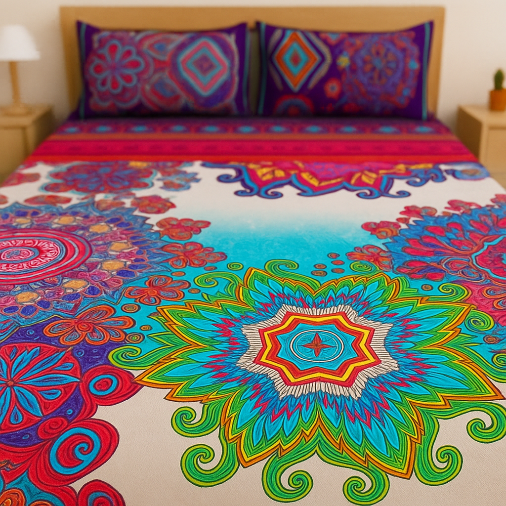 Colorful mandala-patterned bedspread on a bed with matching pillows.