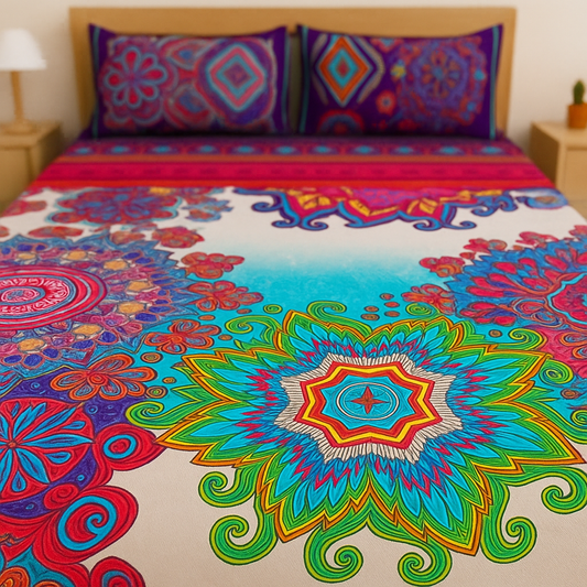 Colorful mandala-patterned bedspread on a bed with matching pillows.