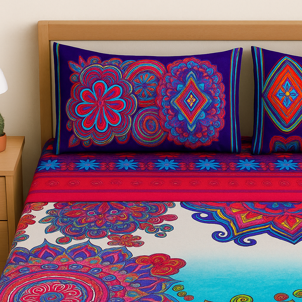 Colorful bedspread with intricate patterns on a bed in a room.