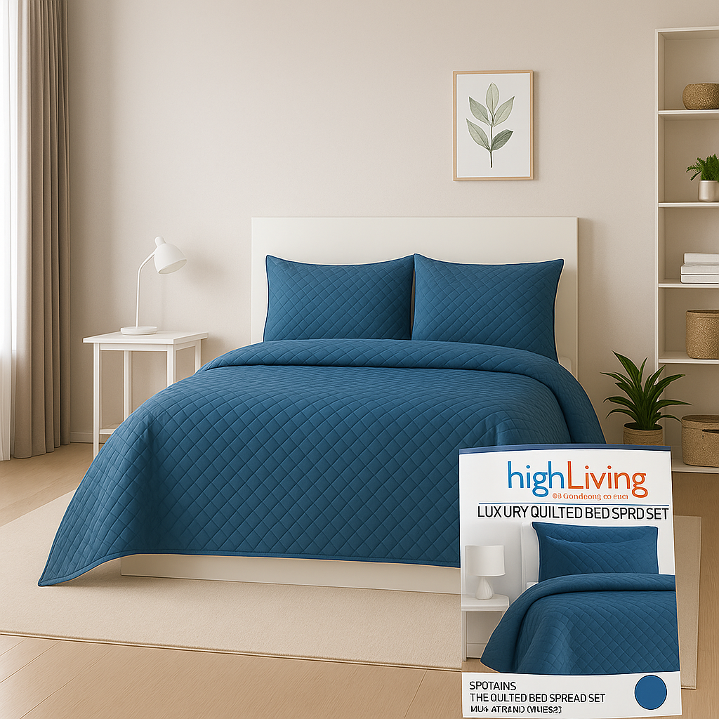 Blue quilted bedspread set on a bed in a bedroom with 'highLiving' branding.