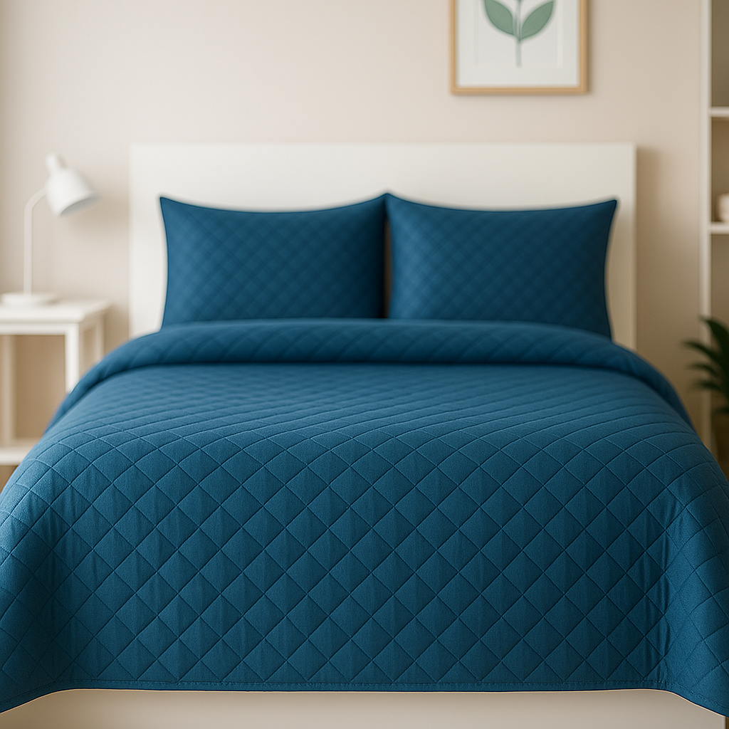 Blue quilted bedspread on a bed in a bedroom setting