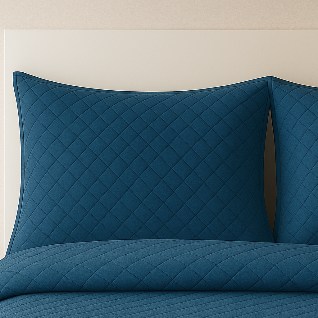 Blue quilted bedding set with two pillows on a beige background