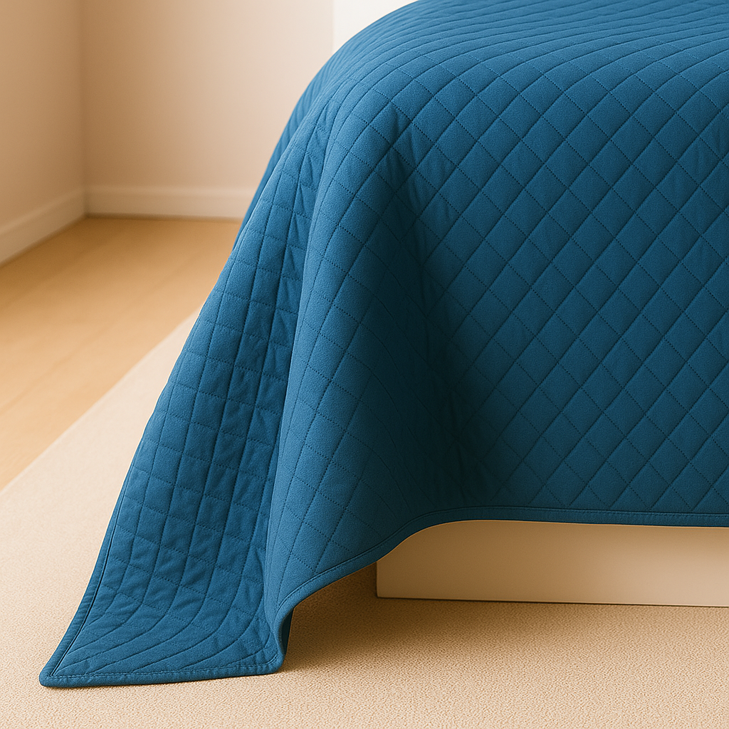 Blue quilted blanket on a bed in a room with beige walls and floor.