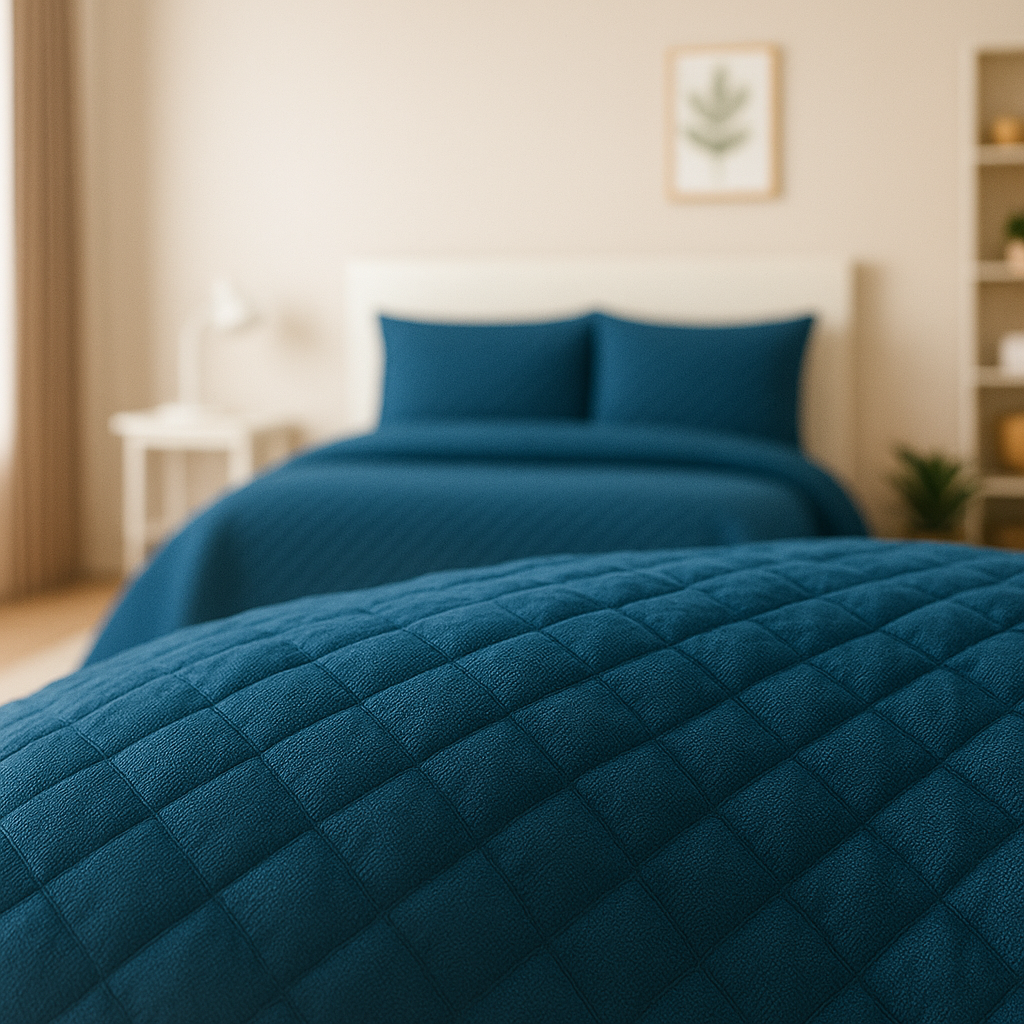 Blue quilted comforter on a bed in a bedroom setting