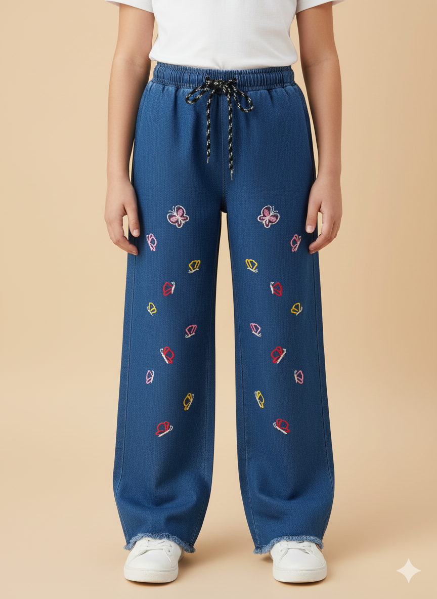 Girls’ Embroidered Butterfly Denim Jeans – Dark Blue KMJ-T002