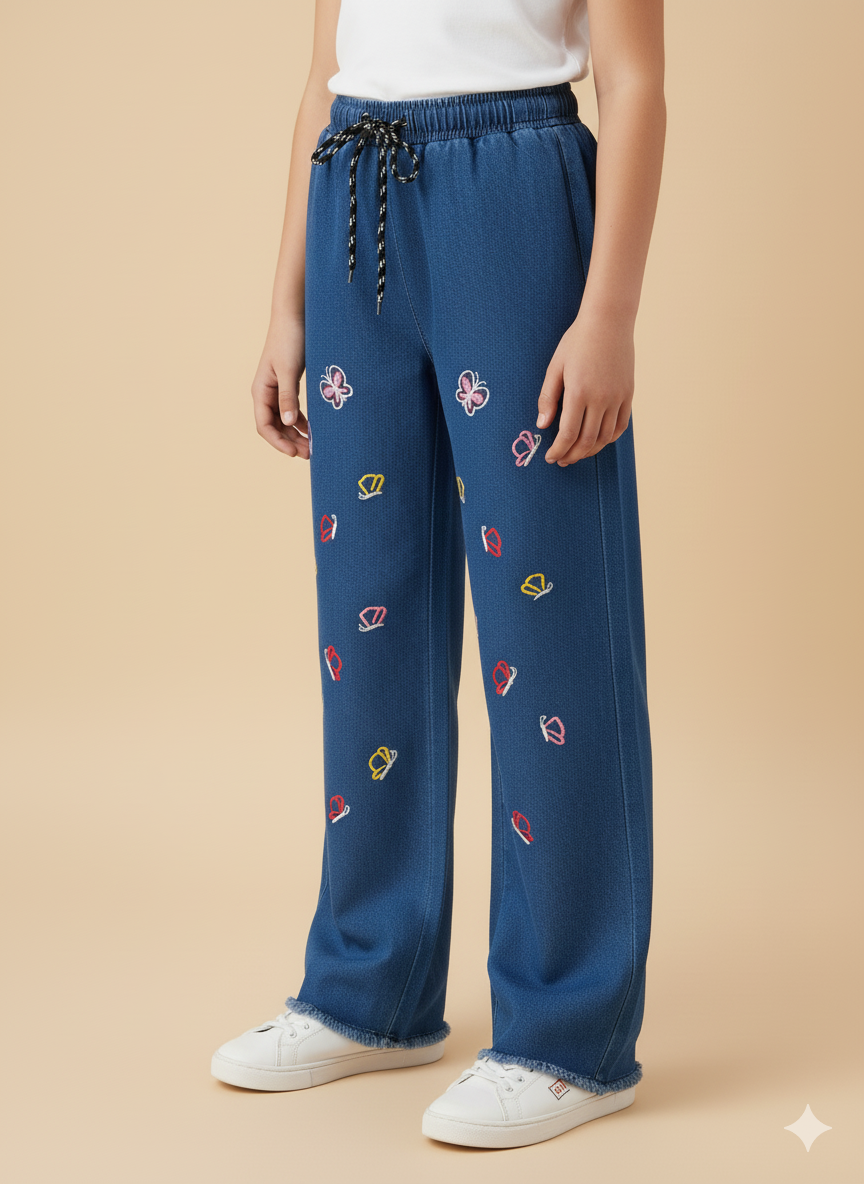 Girls’ Embroidered Butterfly Denim Jeans – Dark Blue KMJ-T002