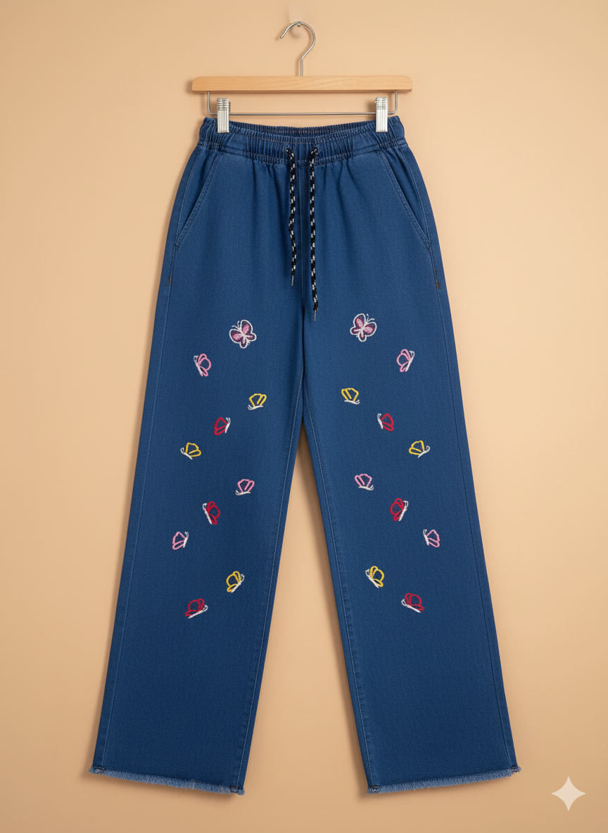 Girls’ Embroidered Butterfly Denim Jeans – Dark Blue KMJ-T002