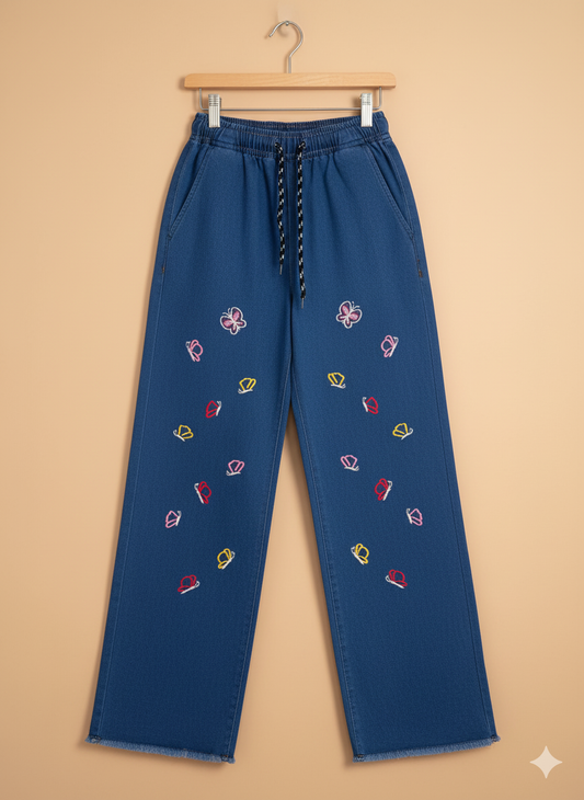 Girls’ Embroidered Butterfly Denim Jeans – Dark Blue KMJ-T002