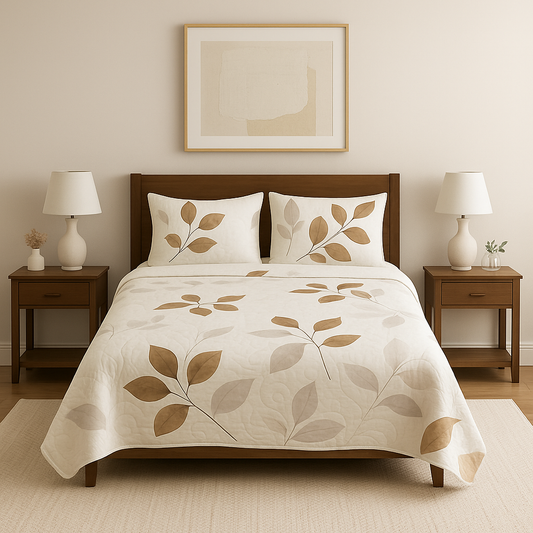 Bedroom with a bed covered in a leaf-patterned comforter, two nightstands with lamps, and a framed picture on the wall.