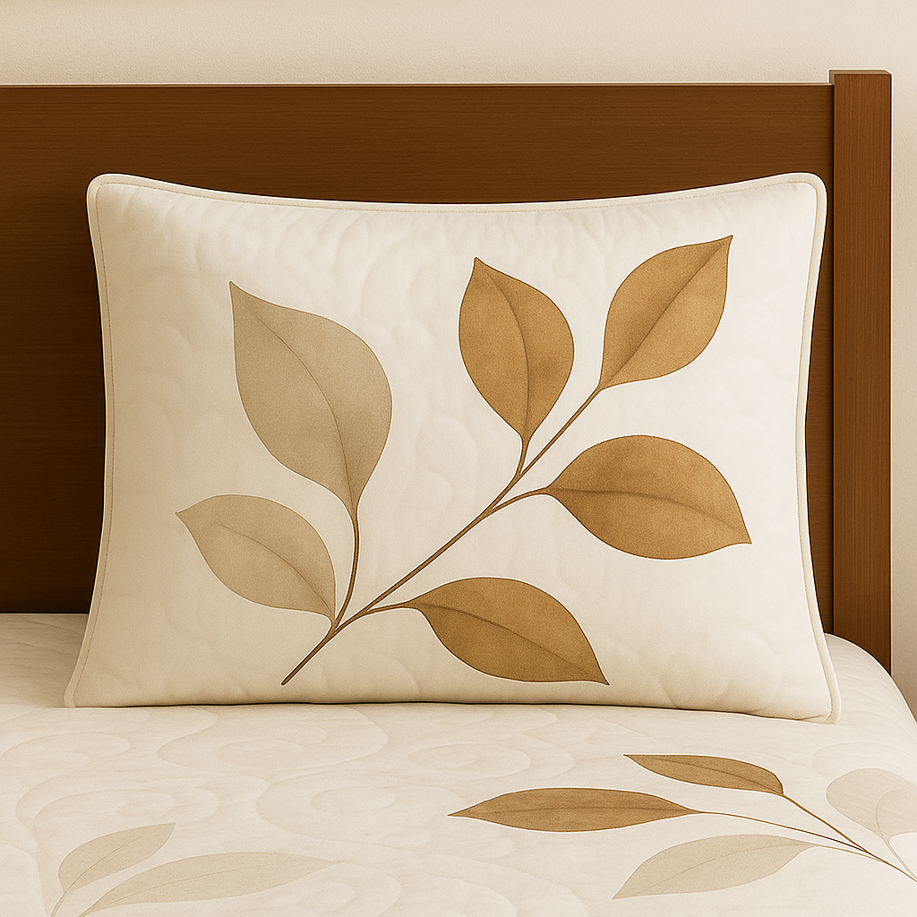 Decorative pillow with leaf pattern on a bed