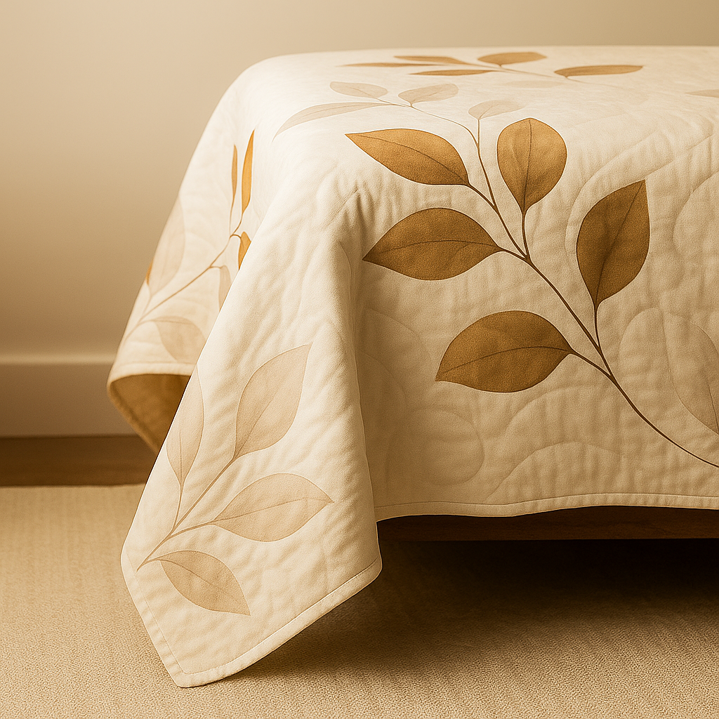 Beige quilt with leaf patterns on a bed in a room.
