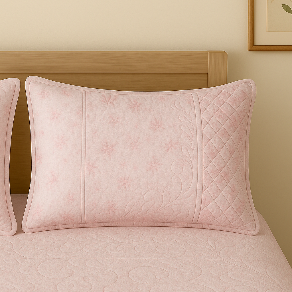 Quilted pink pillow on a bed with a wooden headboard.