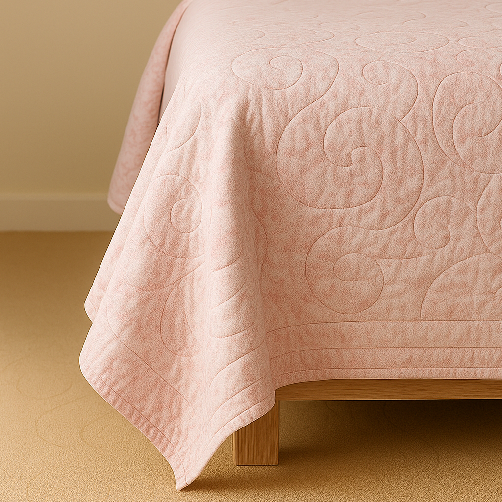 Pink quilt with intricate patterns on a bed in a room.