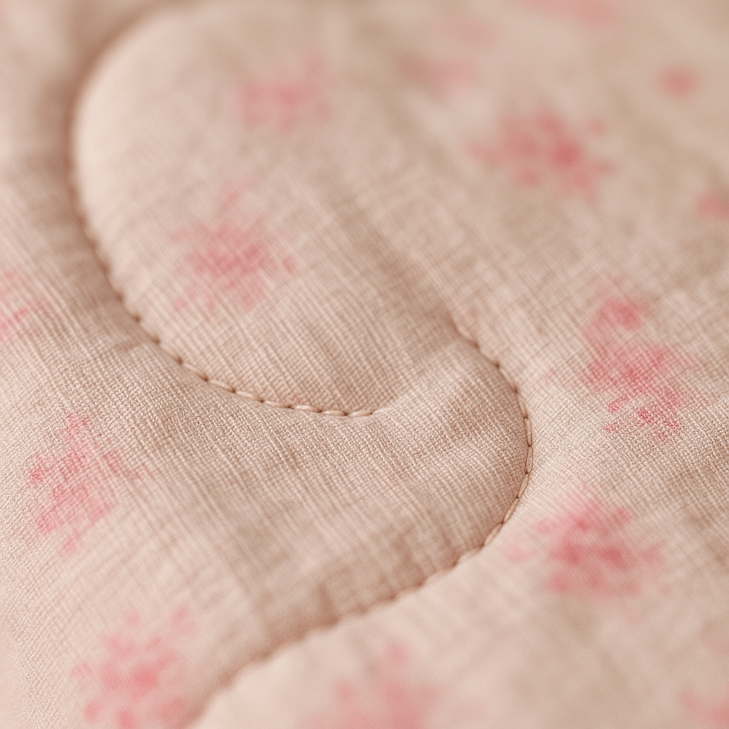 Close-up of pink fabric with a heart shape and floral pattern