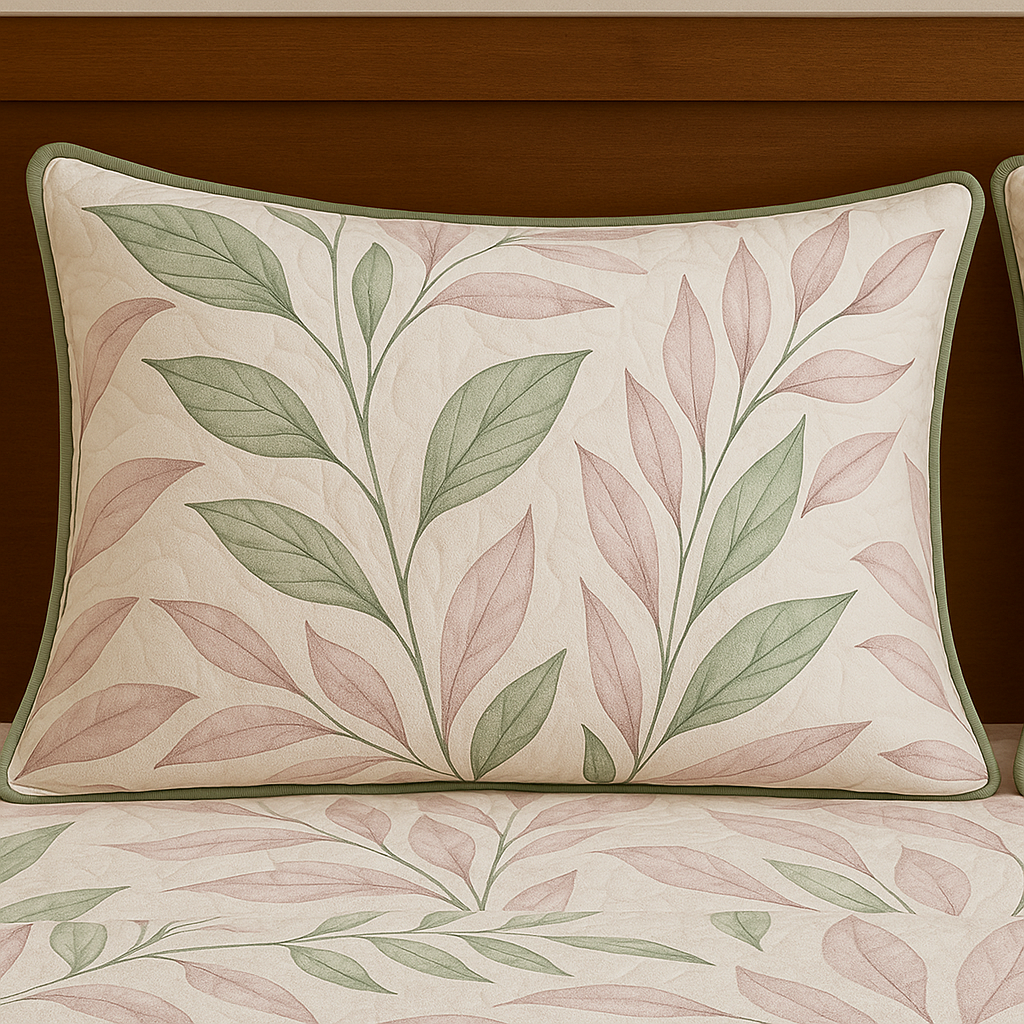 Decorative pillow with leaf pattern on a wooden background