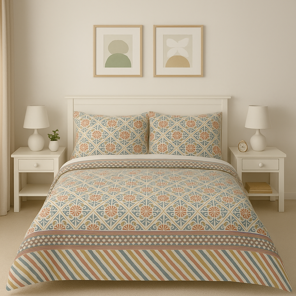 Bedroom with patterned bedding and matching pillows on a bed, flanked by two nightstands with lamps.