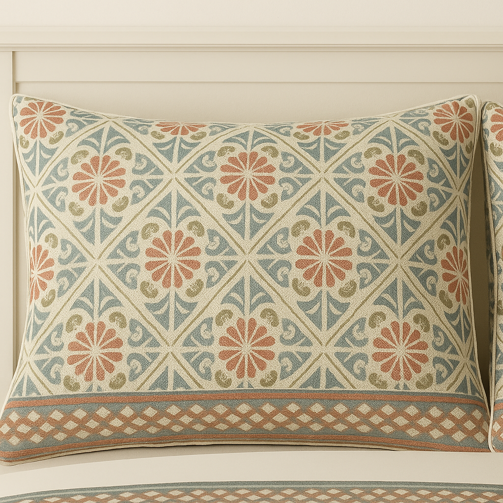Decorative pillow with geometric pattern on a bed
