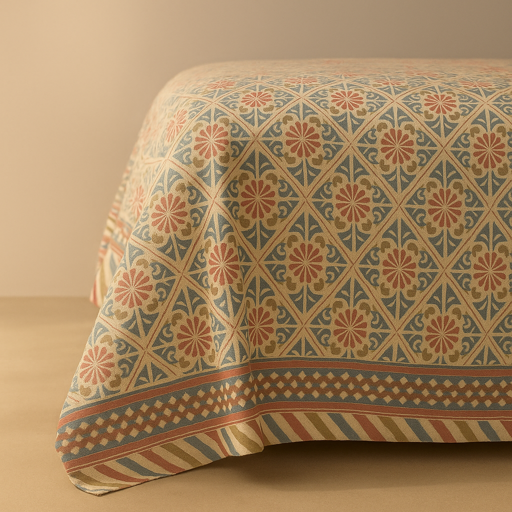 Decorative quilt with geometric pattern on a bed against a beige wall.