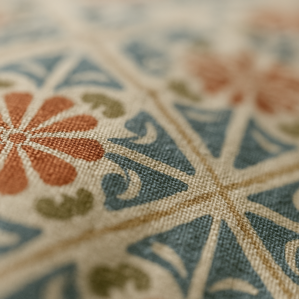 Close-up of a floral patterned fabric with red, blue, and green colors.