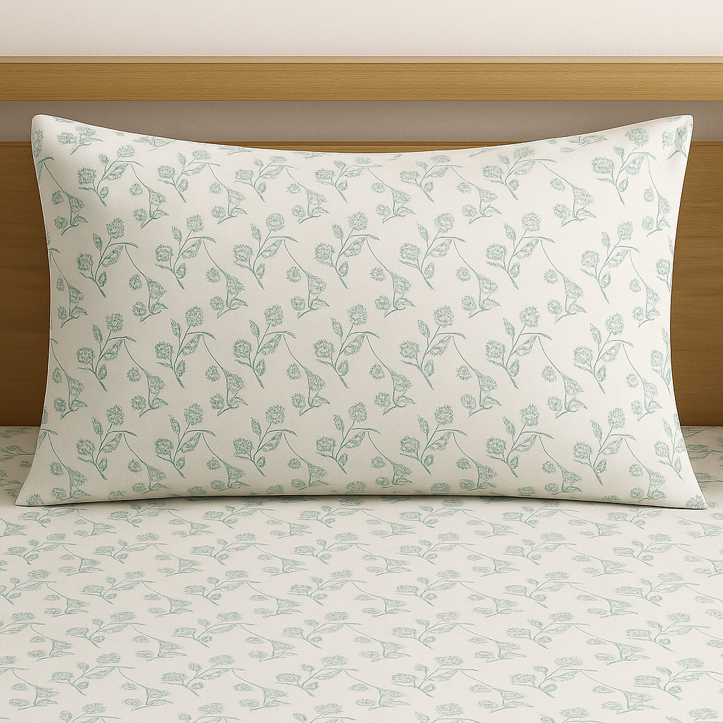 Floral patterned pillow on a bed with a wooden headboard