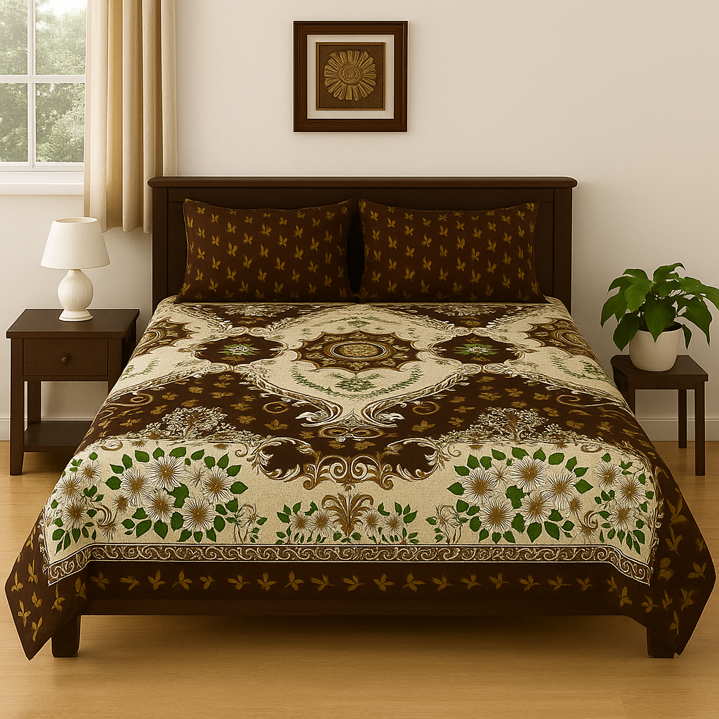 Decorative bedspread with floral and geometric patterns on a bed in a bedroom setting.