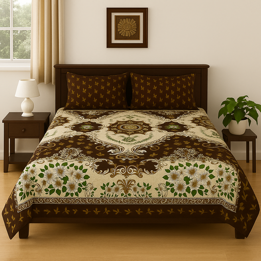 Decorative bedspread with floral and geometric patterns on a bed in a bedroom setting.