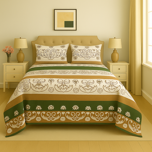 Decorative bedspread with green and white patterns on a bed in a bedroom setting.