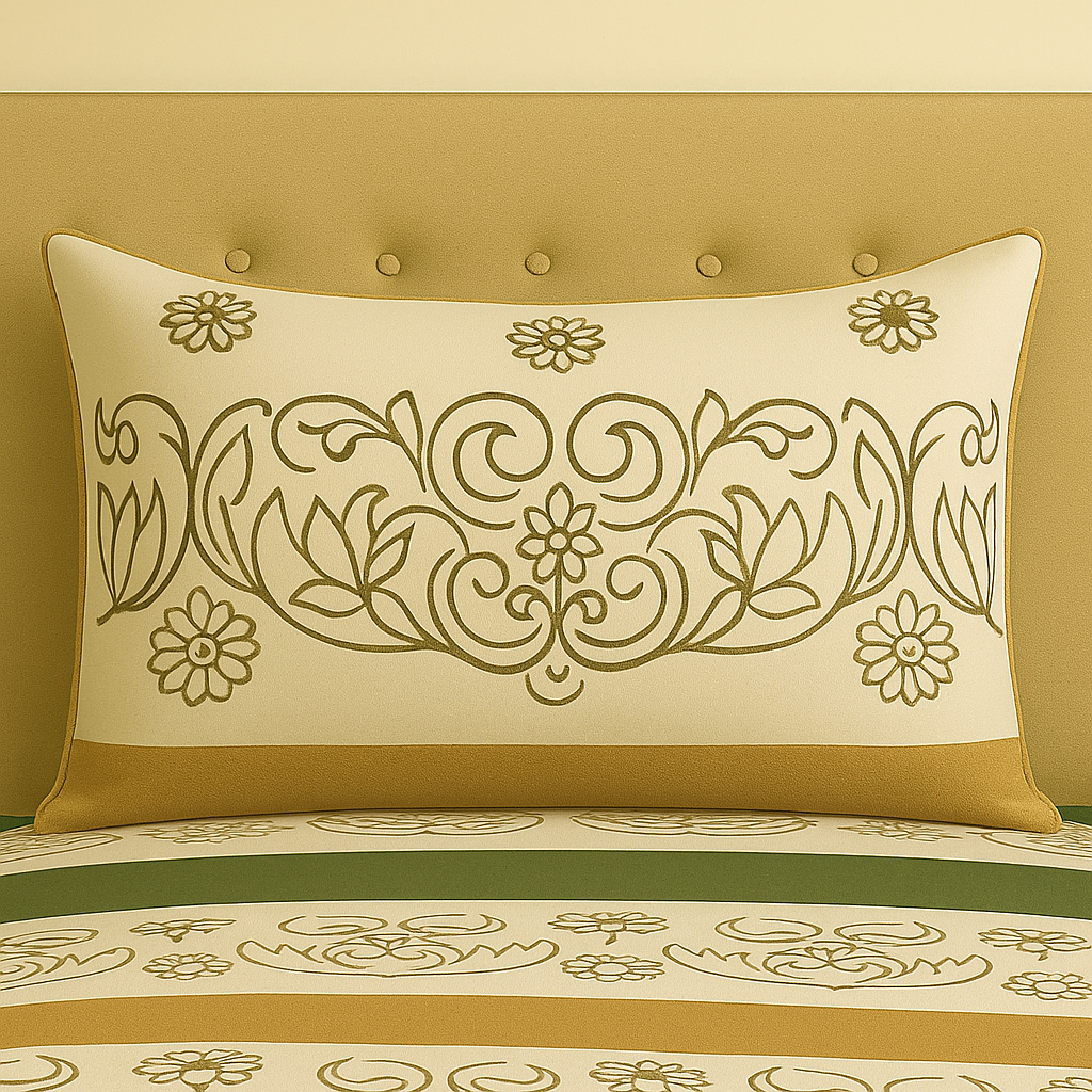 Decorative pillow with floral patterns on a matching bedspread against a beige wall.
