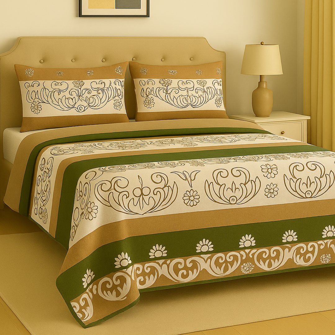 Decorative bedspread with green and beige patterns on a bed in a bedroom setting.