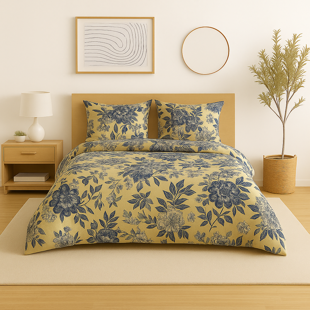Floral bedding set on a bed in a bedroom with decor elements.