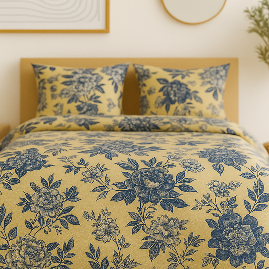 Floral bedding set on a bed with a yellow background