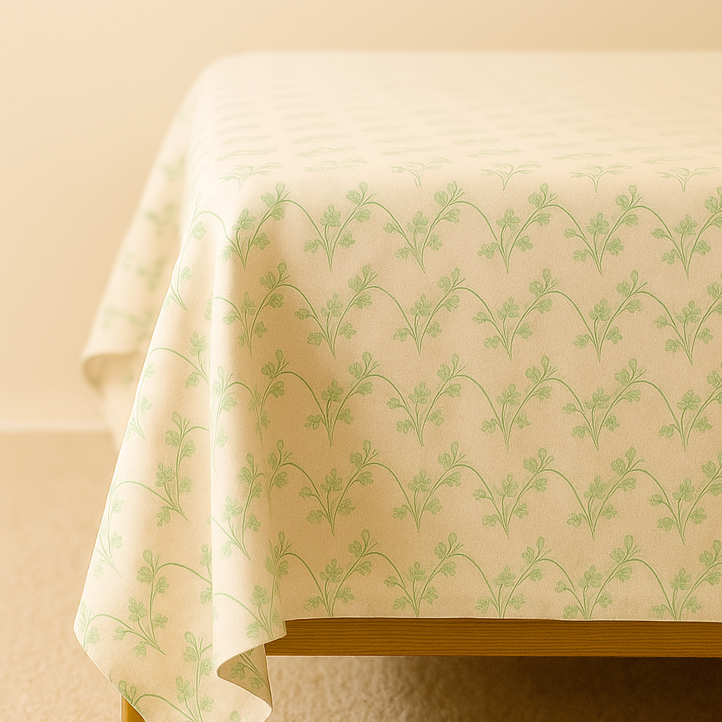 Beige tablecloth with green leaf pattern on a beige background