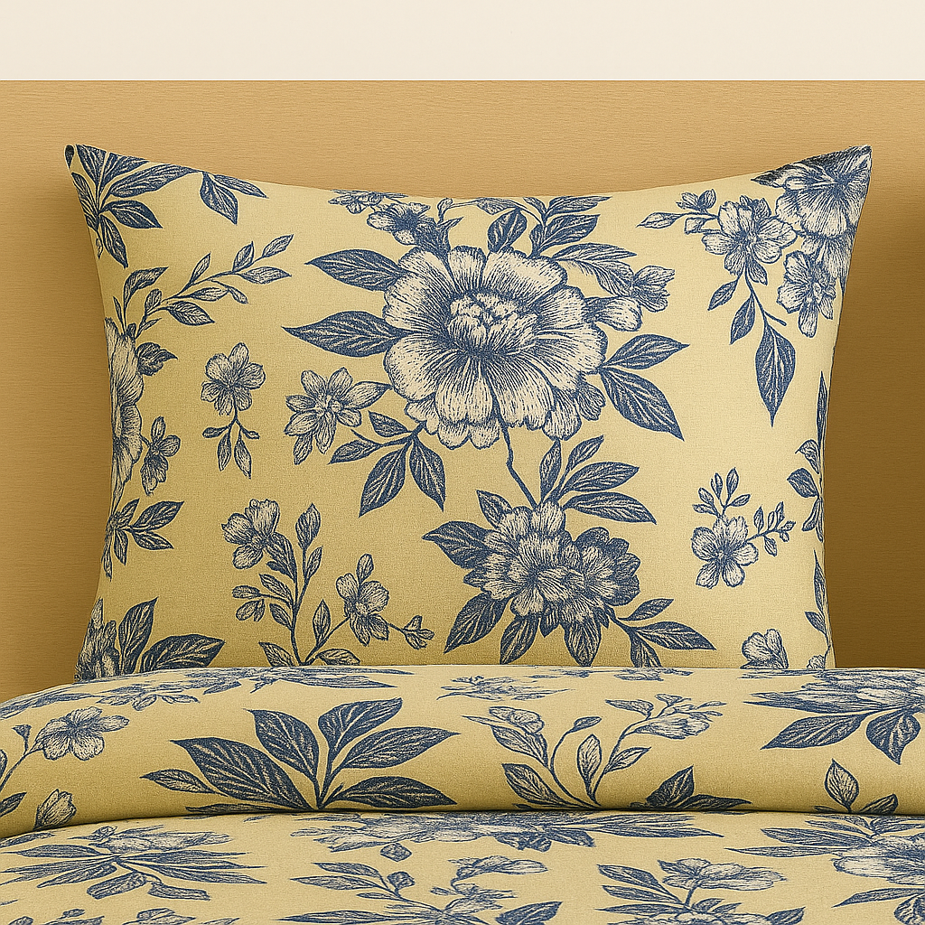 Floral patterned pillow and bedding set on a yellow background