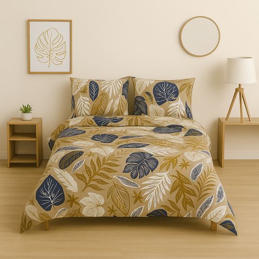 Floral patterned bedspread on a bed in a bedroom setting with side tables and decor.