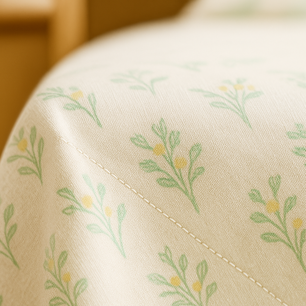 Close-up of a fabric with green floral pattern on beige background