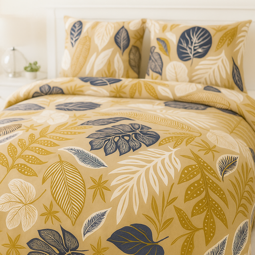 Bedding set with leaf pattern on a bed in a bedroom setting