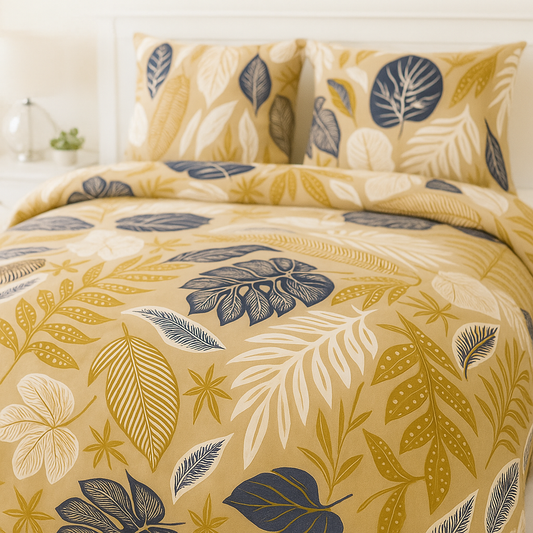 Bedding set with leaf pattern on a bed in a bedroom setting