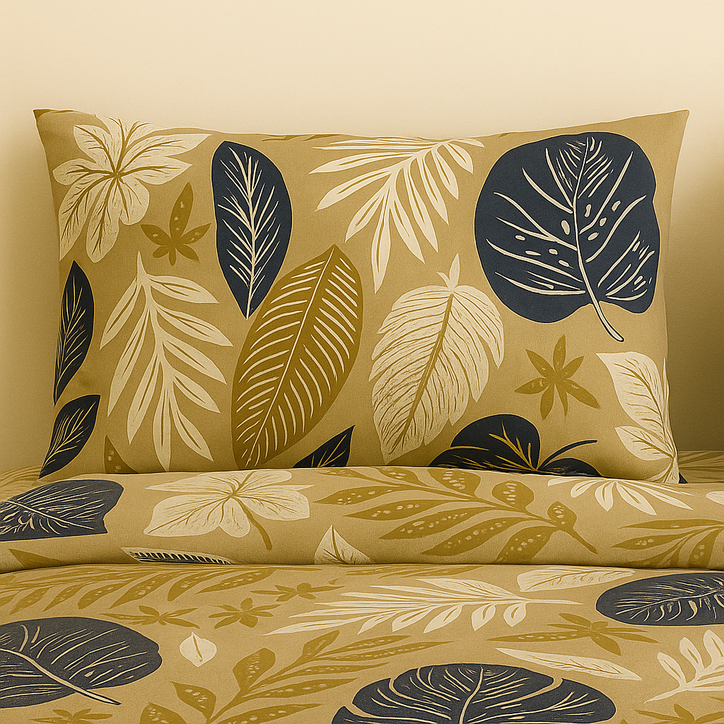 Floral-patterned pillow and bedding set on a beige background