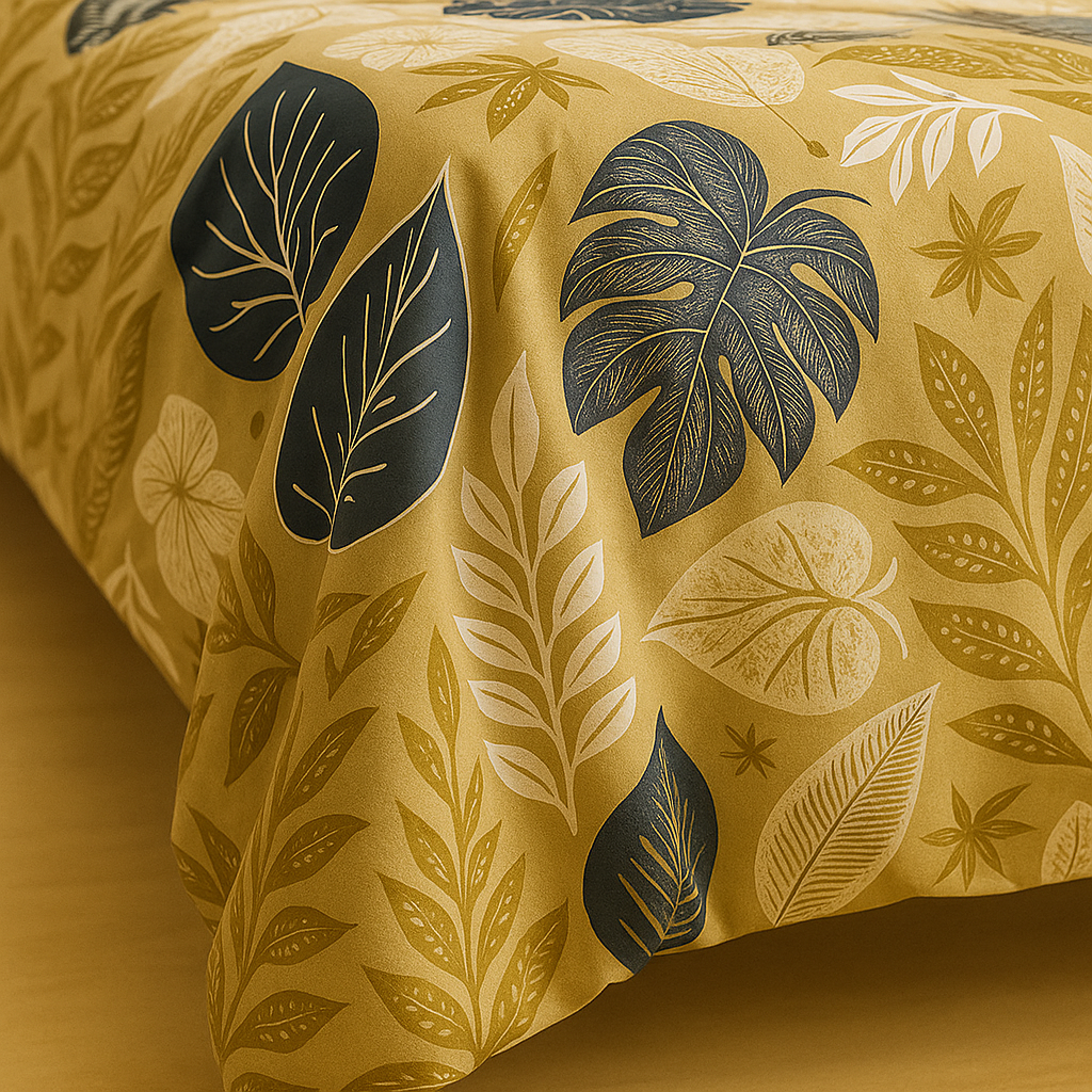 Close-up of a fabric with leaf pattern on a yellow background