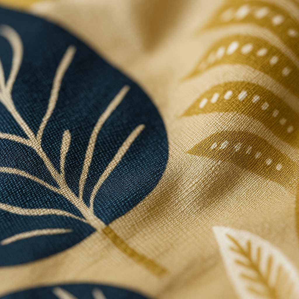 Close-up of fabric with blue and gold leaf patterns