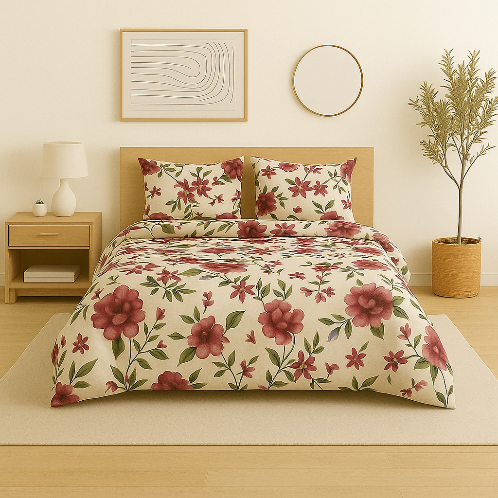Floral bedding set on a bed in a bedroom with a nightstand and decor.