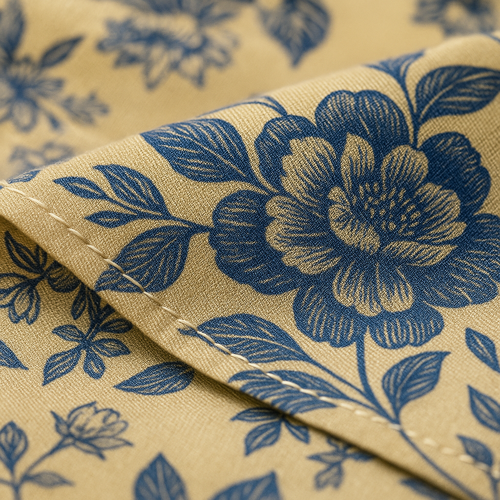 Close-up of beige fabric with blue floral pattern