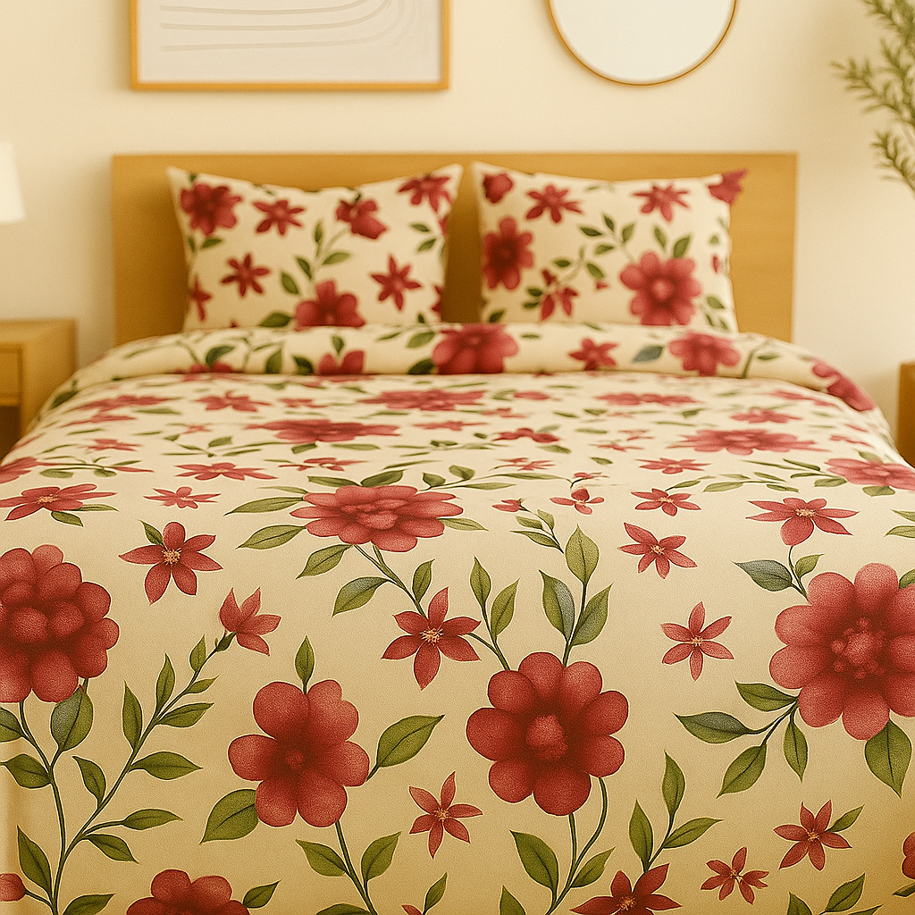 Floral bedding set with red flowers on a bed in a bedroom.