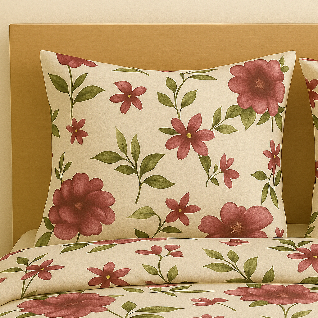 Floral patterned pillow and bedding set on a beige background
