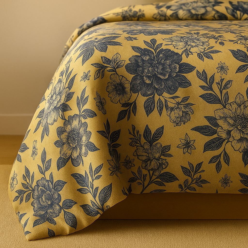 Floral patterned bedding set on a bed with a beige background